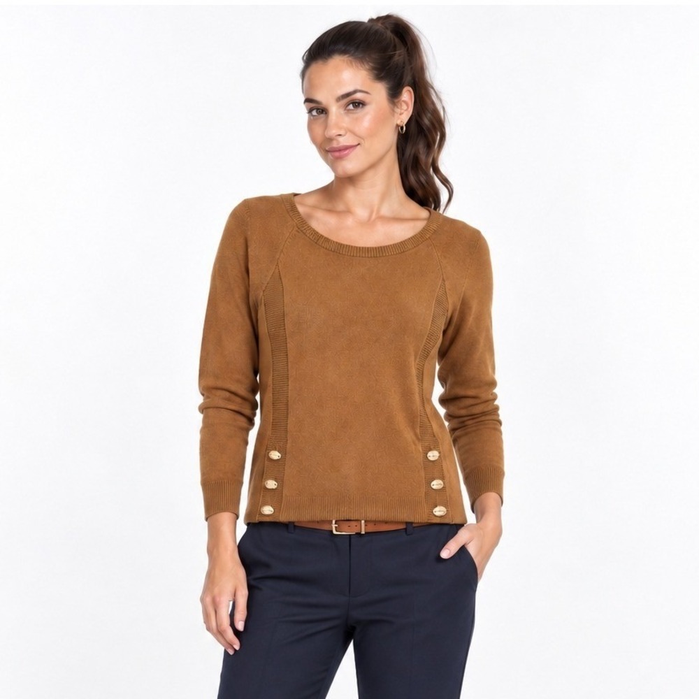 Gold Button Sweater S Caramel Brown Scoop Neck Old Money Preppy Classic Fall